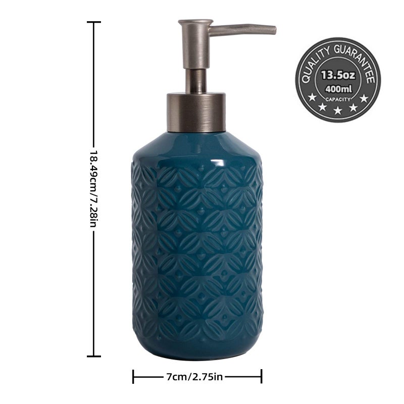 FE FUN ELEMENTS FE Soap Dispenser, 13.5oz Ceramic Soap Dispenser with Vintage Emboss Design, Refillable for Kitchen & Bathroom (Blue) - Image 2